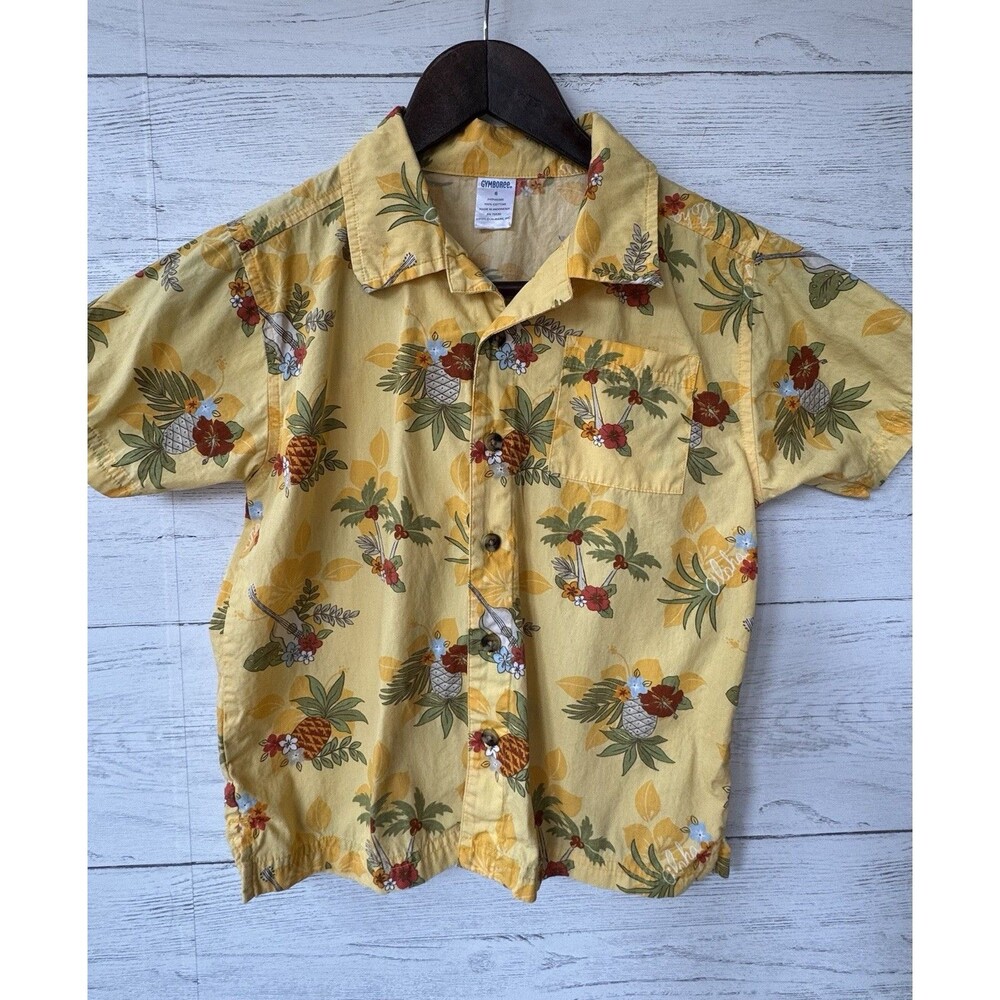 Vintage Gymboree Boys Surf Island Pineapple Tropical Yellow Hawaiian Shirt Sz 6
